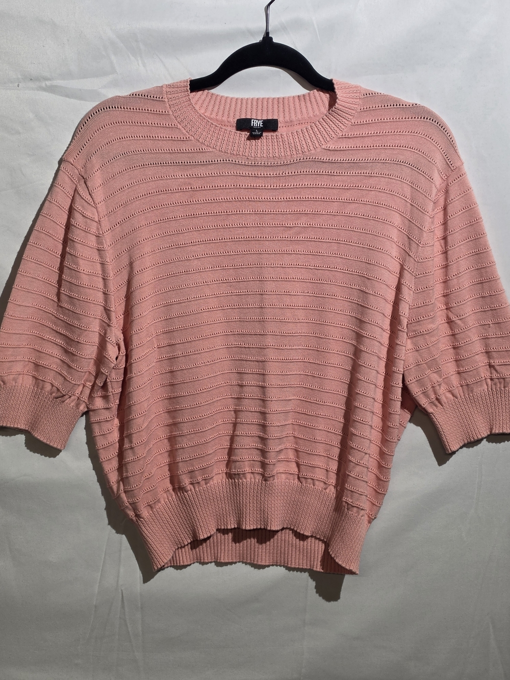 FRYE Rose Tan Pink Short Sleeve Pointelle Knit Sweater Cotton Crop Size Large